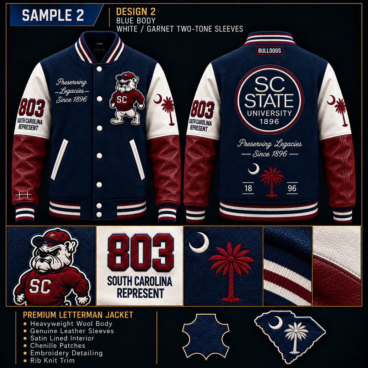 SC State Legacy Premium Navy Blue & Off-White Leather Varsity Jacket – Est. 1896