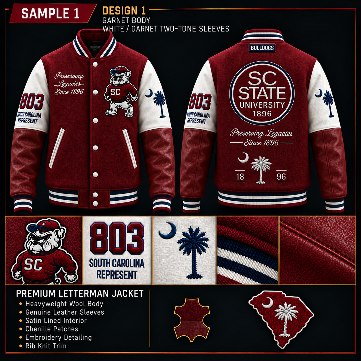 SC State Legacy Premium Burgundy & Off-White Leather Varsity Jacket – Est. 1896
