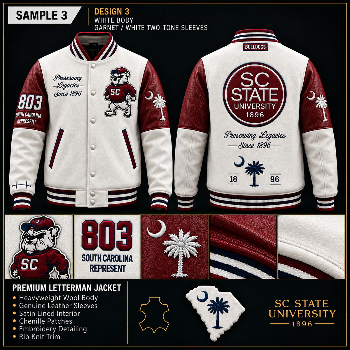 SC State Legacy Premium White & Off-White Leather Letterman Jacket – Est. 1896